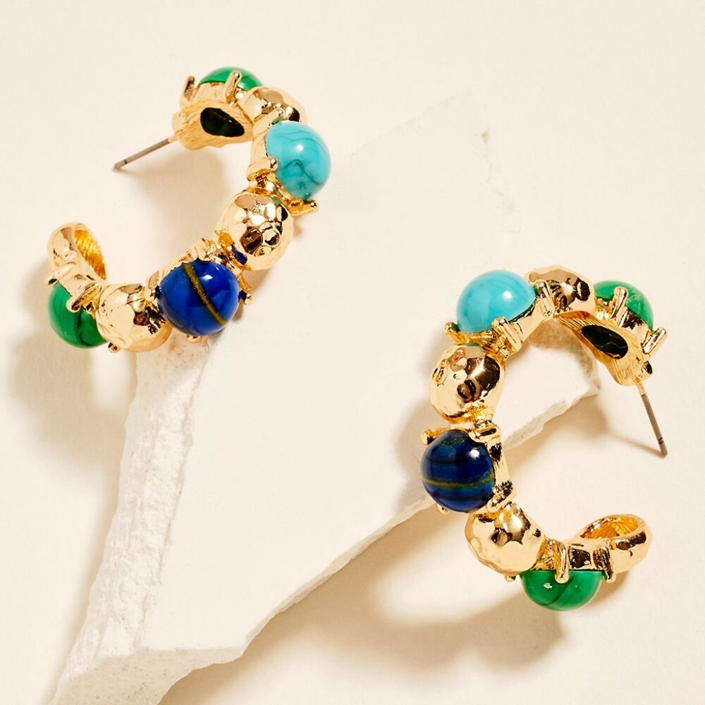 Tuckernuck Gold & Turquoise Bead Hoop Earrings / NWOT, Never Worn - Picture 2 of 3